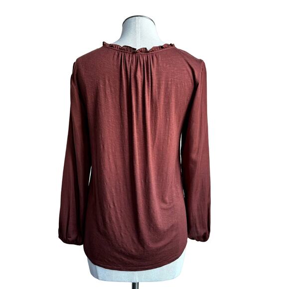 Dolan Womens Blouse Small Ruffled Neck Button Down Long Sleeve Top Brown Casual - Picture 4 of 10